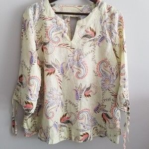 J.Jill Love Linen Floral Paisley Light Zest Midsummer Tie Sleeve Blouse